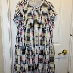 LOFT Striped Key Hole Flutter-Sleeve Midi Dress in White, Green, Navy, Pink